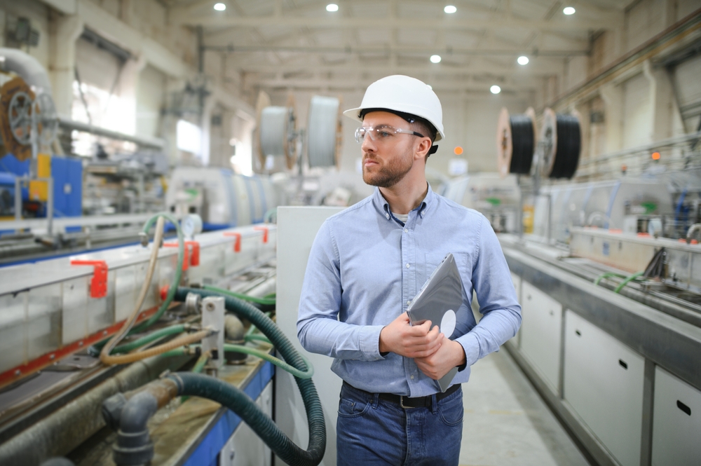 Maintenance engineer in a hard hat with a clipboard by an industrial line